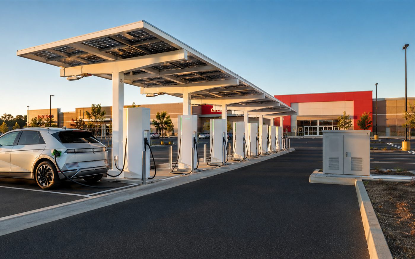 EV charging site at a retail host — car charging under a solar canopy with the site communications cabinet in the foreground