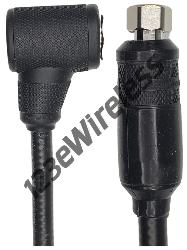 1/2" Flexible, 12 ft, 7/16 DIN Male Right Angle with EasyBoot to 4.3-10 Male Straight with EasyBoot